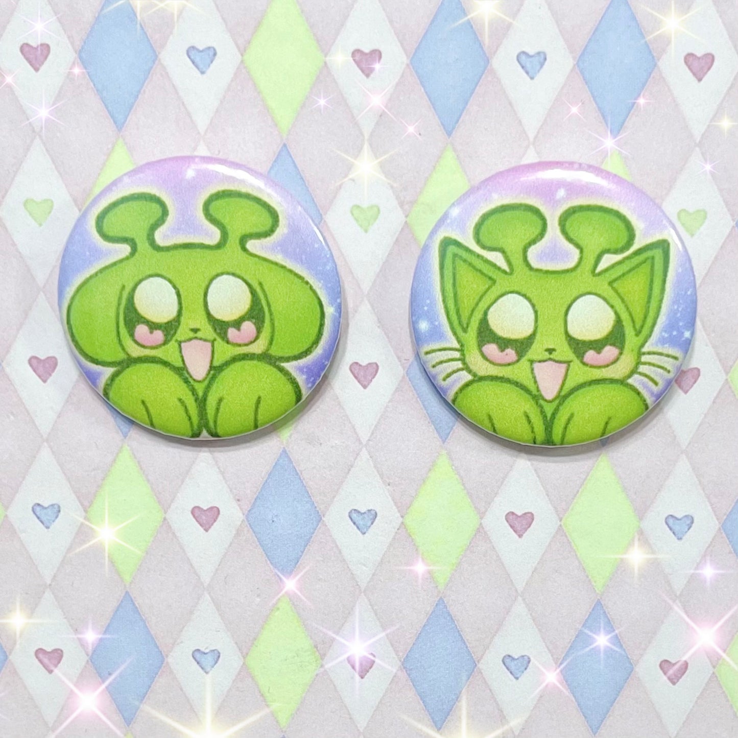 alien kitty and puppy kawaii cute pinback buttons! (1.5")
