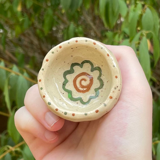spiral flower brown green handmade small ceramic stoneware trinket dish!