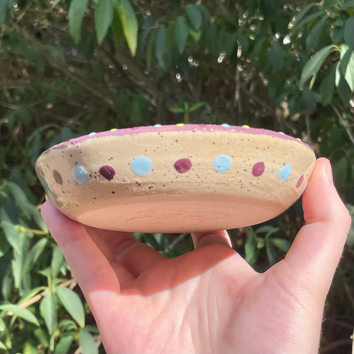 purple green snailgirl wheel thrown ceramic stoneware dish!