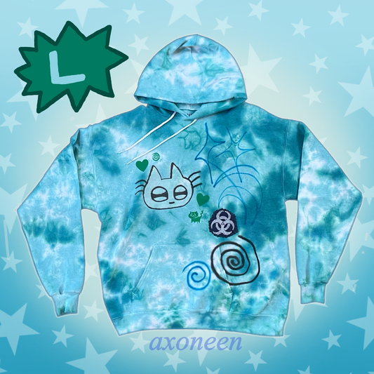 teal tie dye cat biohazard airbrush hoodie! (large)