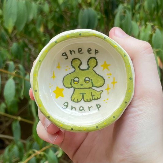 gneep gnarp alien puppy green handmade small ceramic stoneware trinket dish!