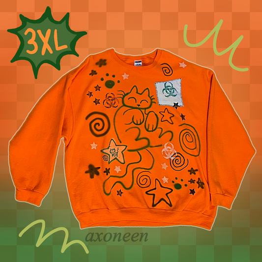 neon orange airbrushed star spiral kitty cat sweatshirt! (3xlarge)