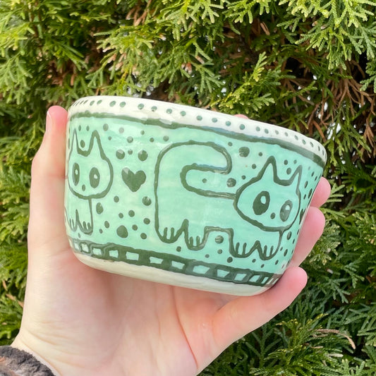 teal green kitties wheel thrown ceramic stoneware bowl!