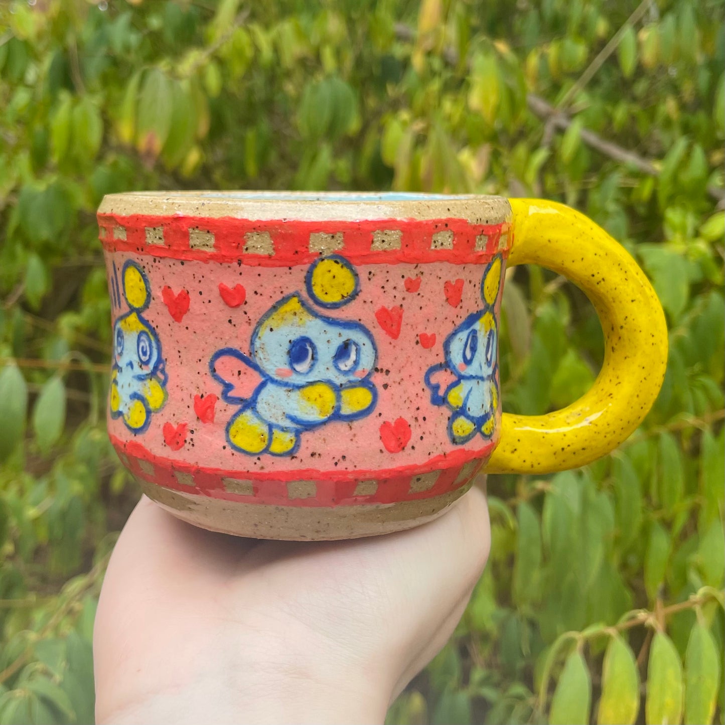chao pink yellow blue cute handmade ceramic stoneware mug!
