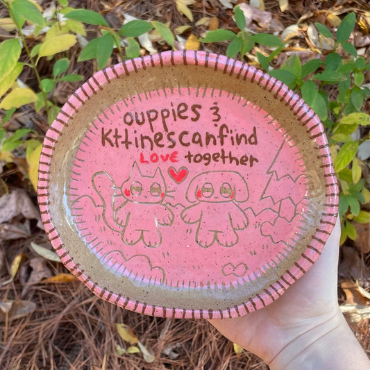 ouppies and kttines can find love together pink brown handmade ceramic stoneware dish!