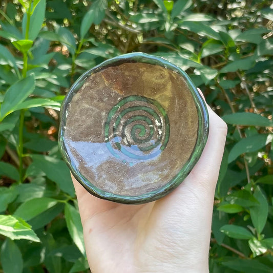 green & brown spiral swirl handmade small ceramic stoneware dish!