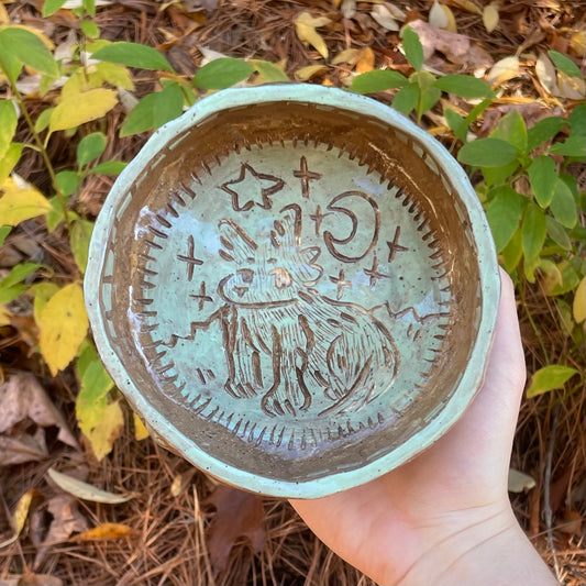 mint teal carved wolf handmade ceramic stoneware dish!
