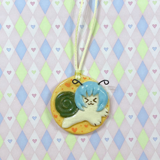 blue & green snailgirl kawaii ceramic stoneware necklace!