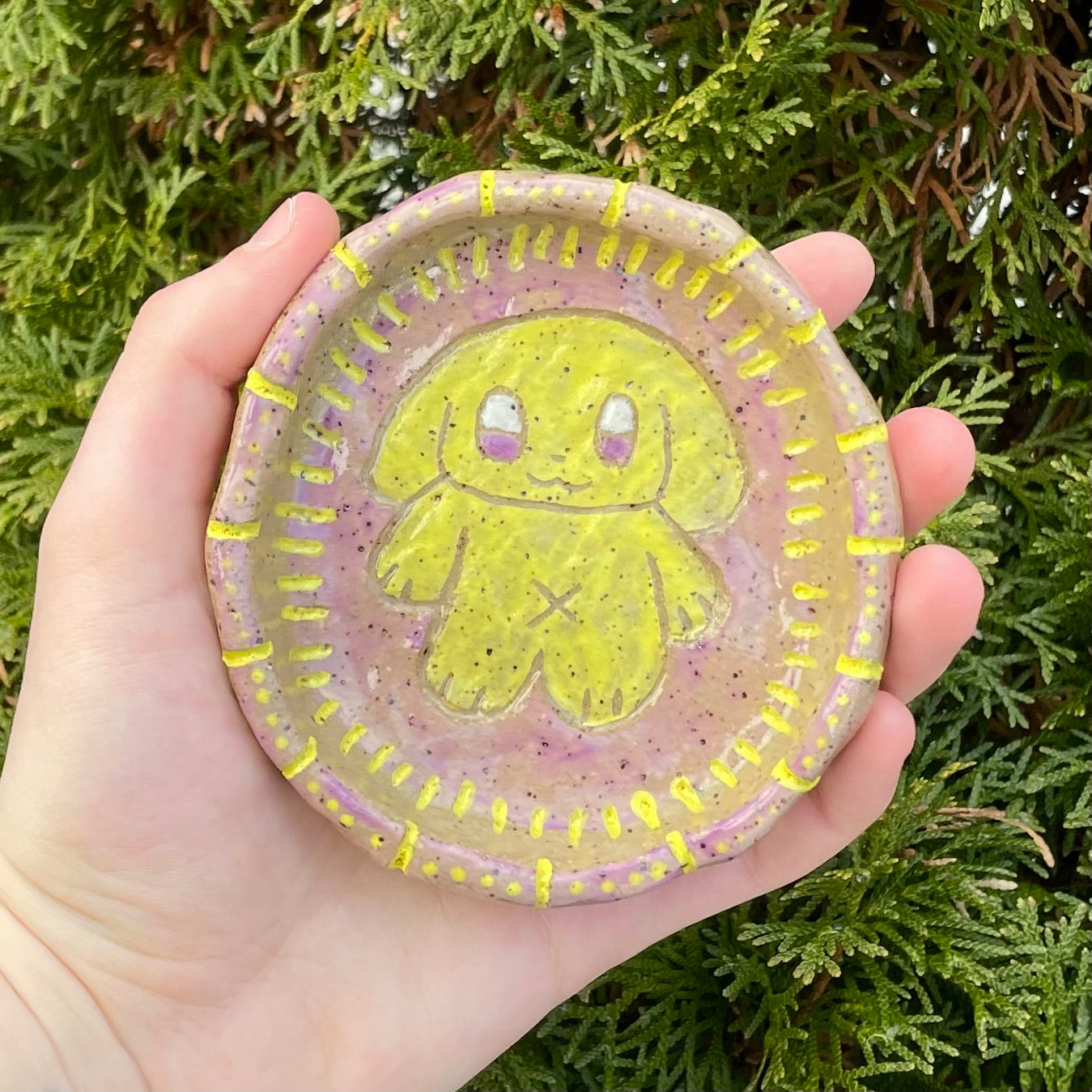 purple yellow puppy dog handmade ceramic stoneware bowl!