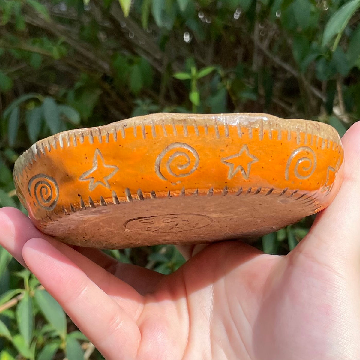 handmade carved orange wolf ceramic stoneware trinket dish!