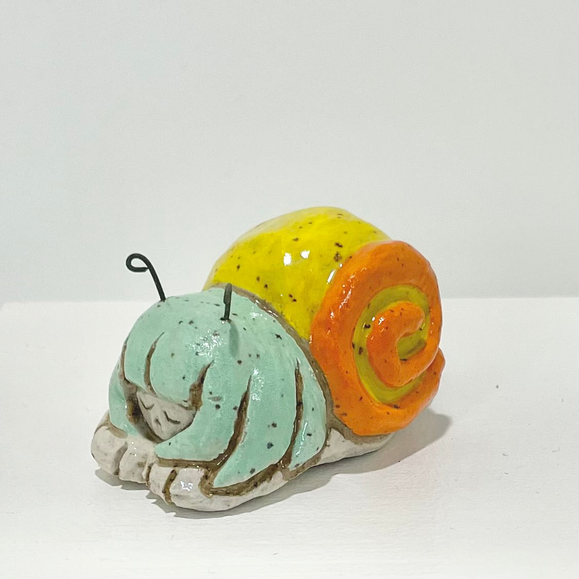 yellow teal snailgirl handmade ceramic stoneware figure!