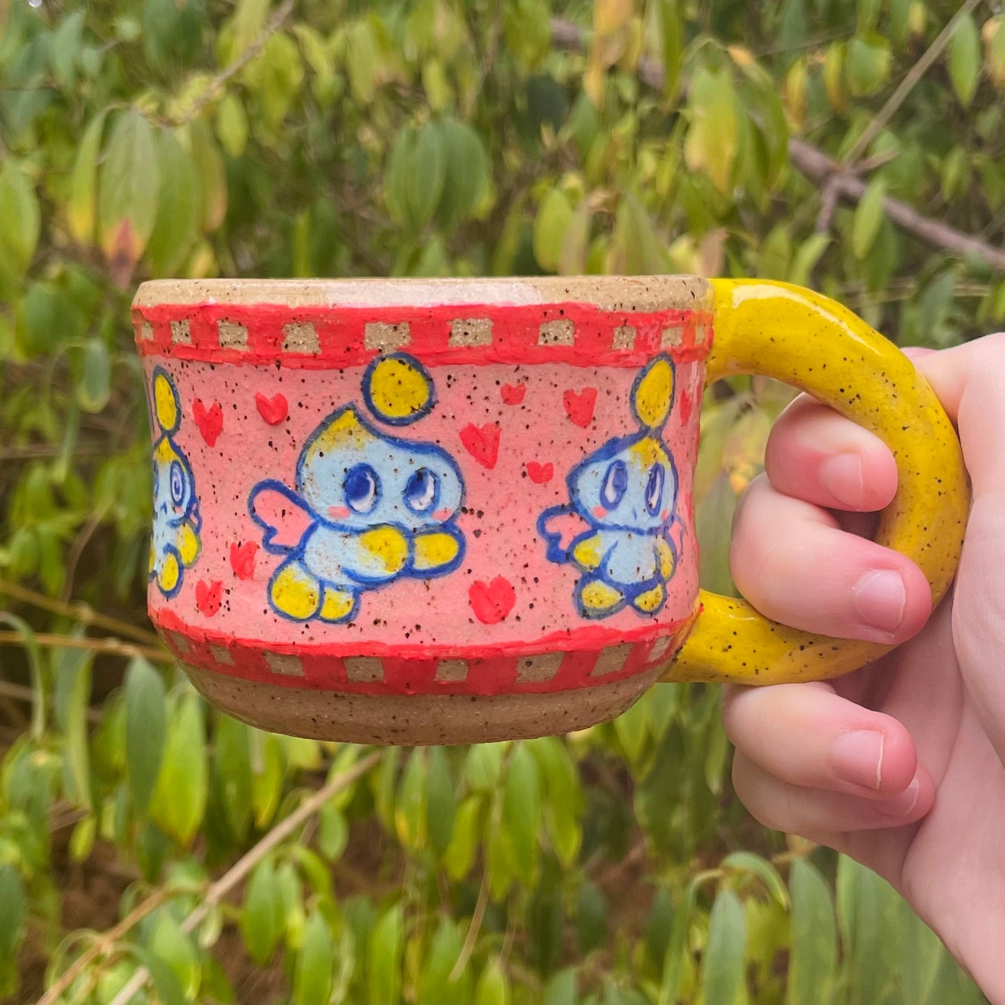 chao pink yellow blue cute handmade ceramic stoneware mug!