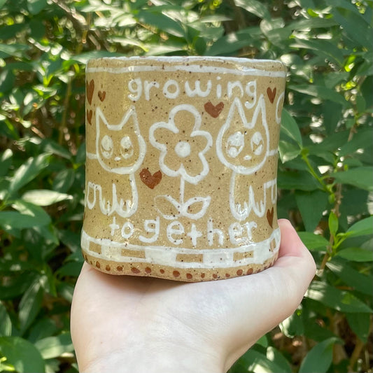 "growing together" kitty cats tan & white ceramic stoneware flower pot!