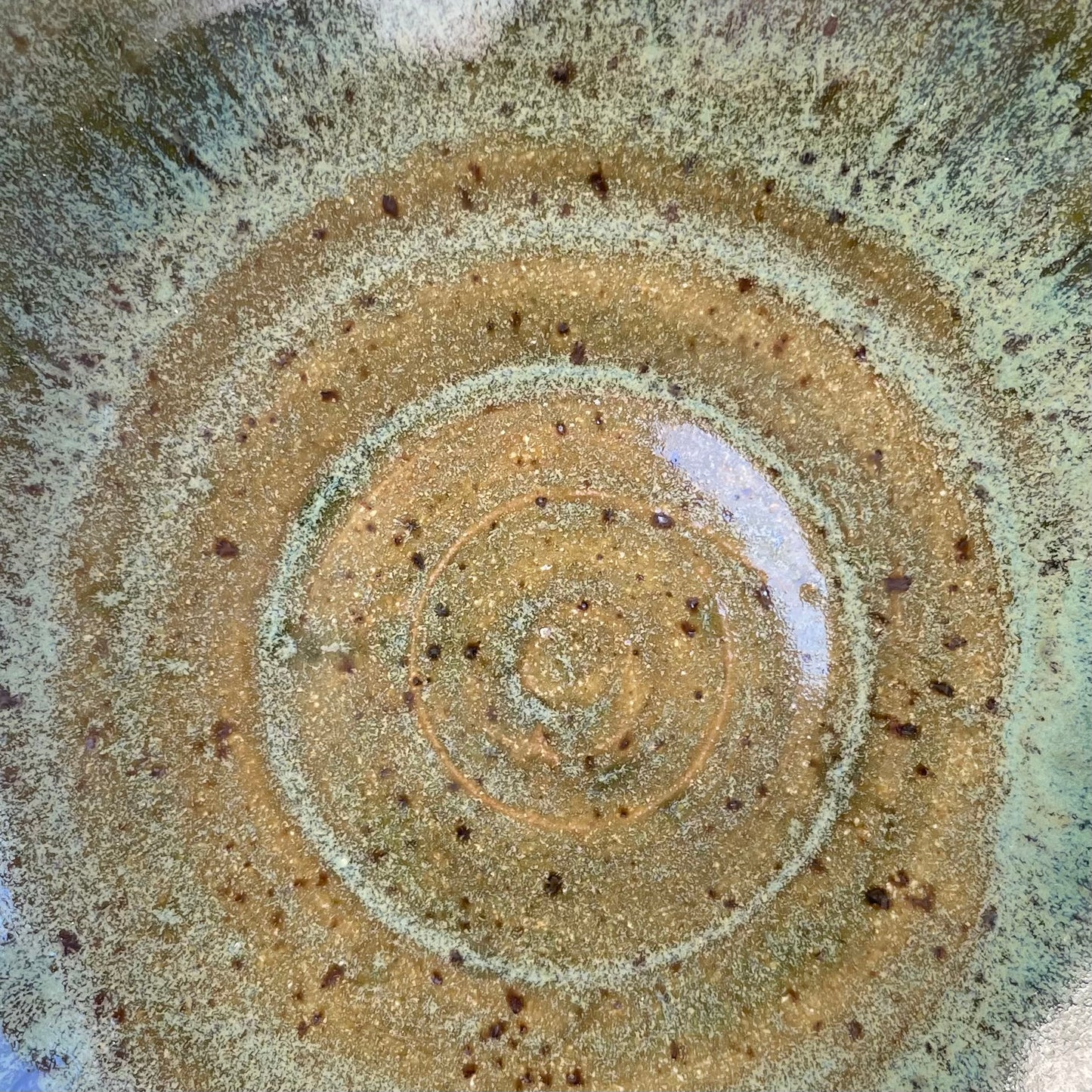 brown green puppy spiral wheel thrown ceramic stoneware bowl!