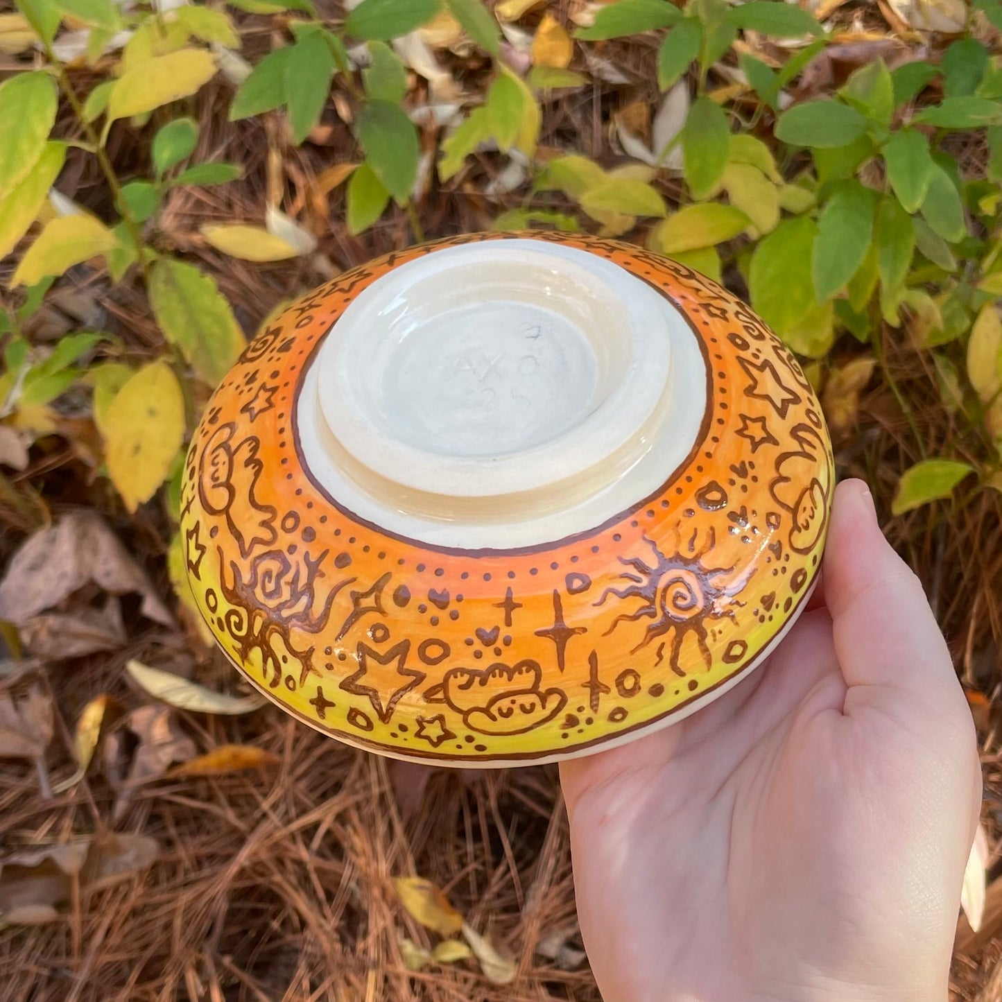 yellow orange gradient doodle wheel thrown ceramic stoneware dish!
