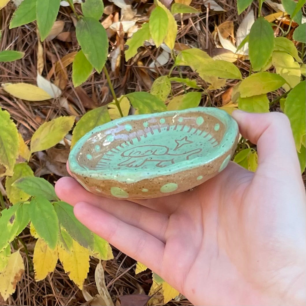 green carved puppy handmade ceramic stoneware mini dish!