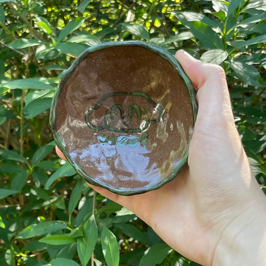green & brown puppy dog woof handmade small ceramic stoneware dish!