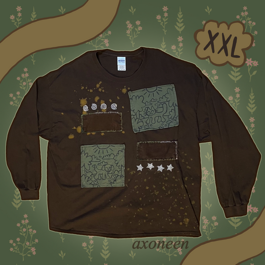 brown green star spiral kitty cat puppy dog long sleeve shirt! (2xlarge)