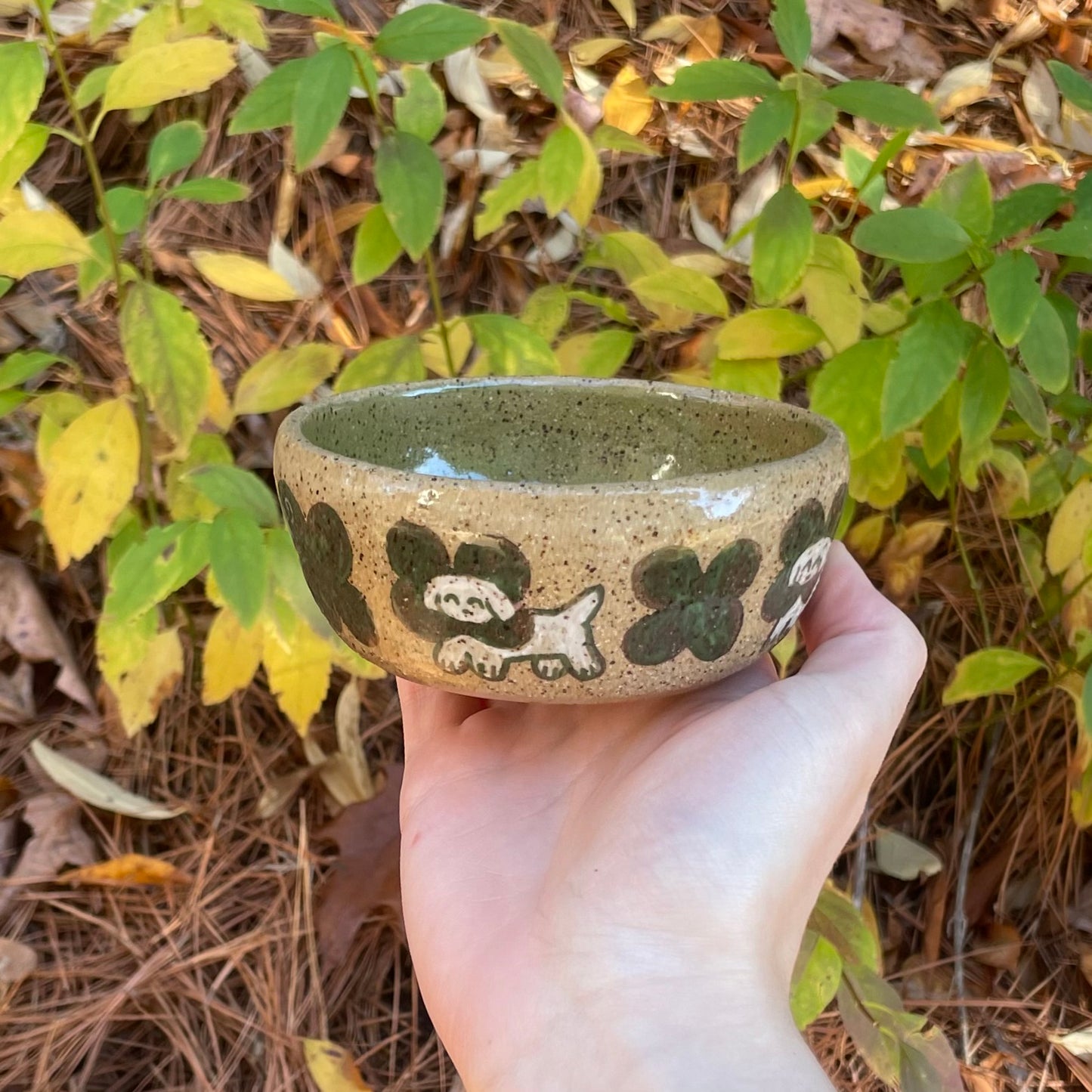 cloverdog brown green wheel thrown ceramic stoneware dish!
