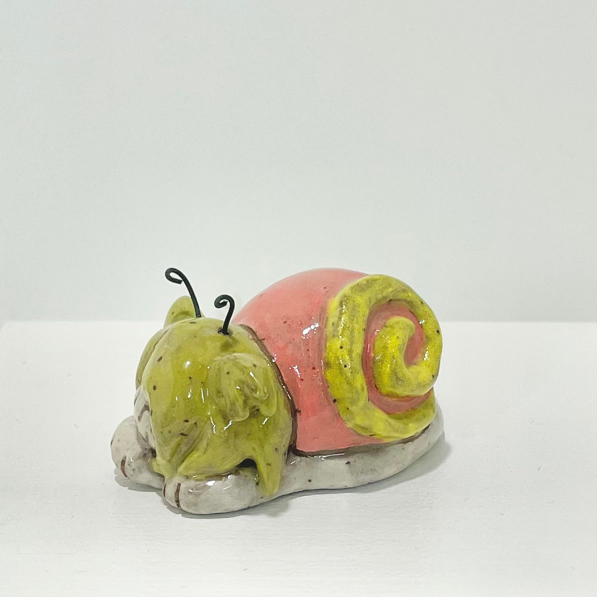 green pink snailgirl handmade ceramic stoneware figure!