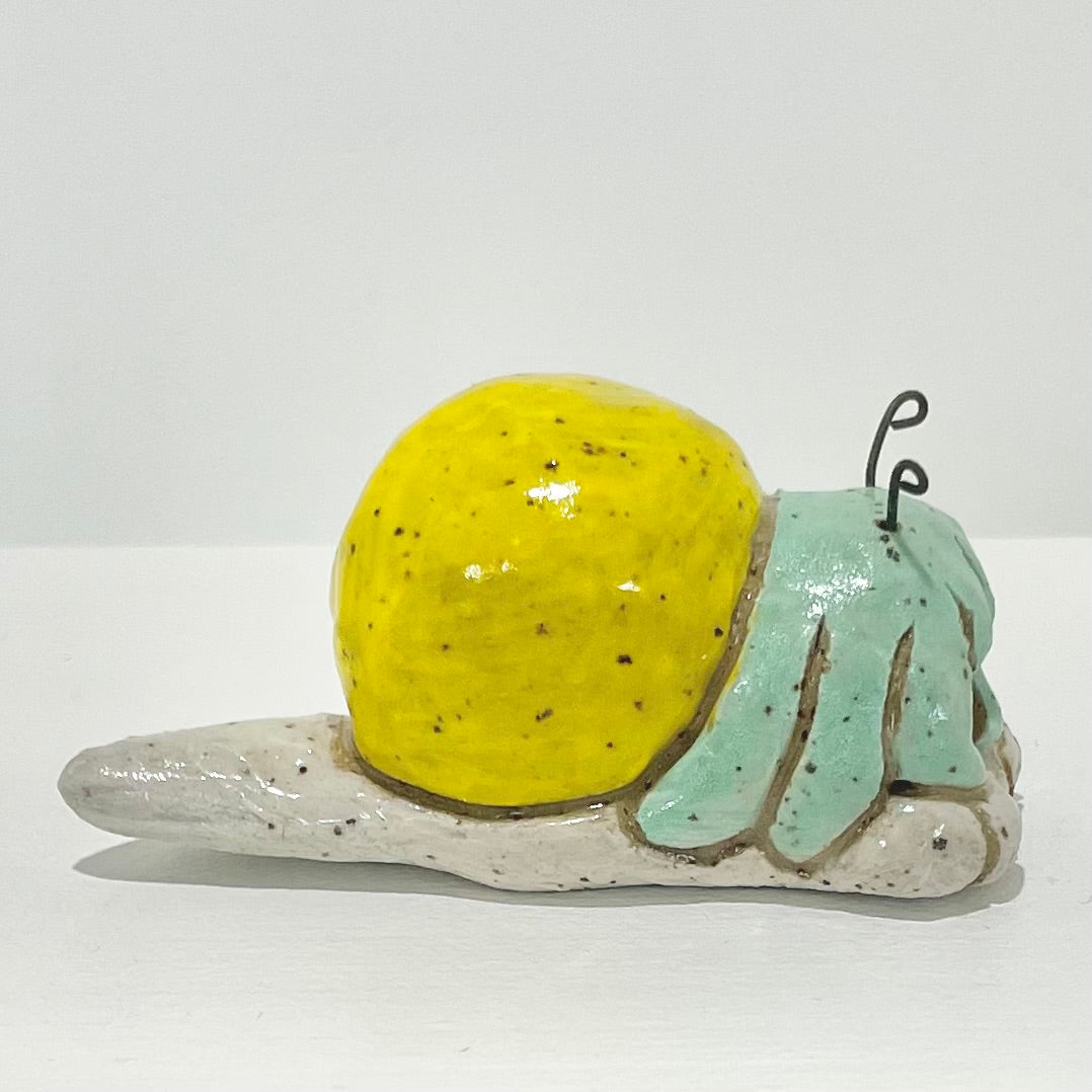 yellow teal snailgirl handmade ceramic stoneware figure!