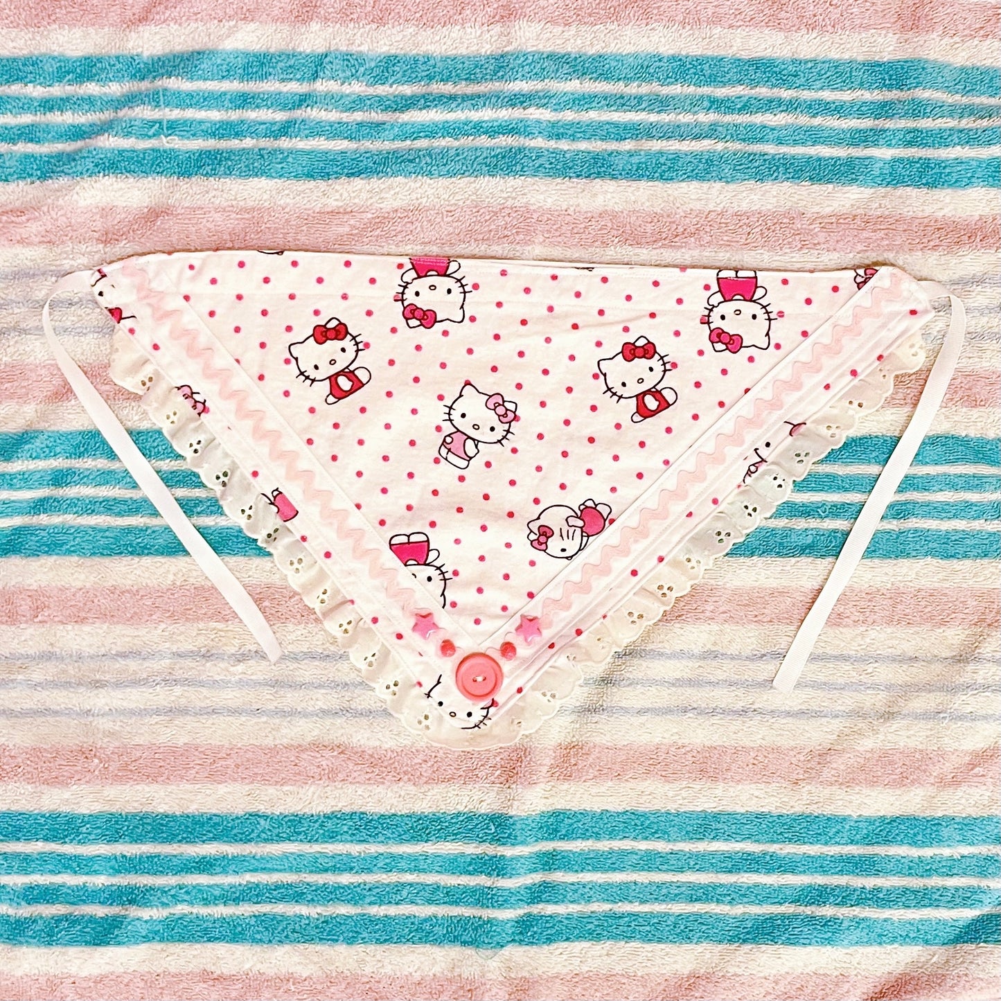 white pink kawaii kitty lace button fabric bandana!