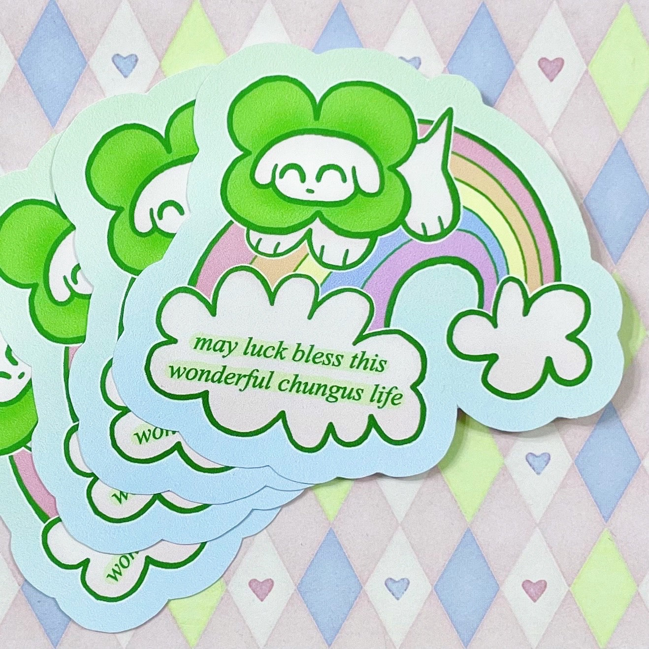 cloverdog "may luck bless this chungus life" rainbow kawaii cute vinyl sticker! (3")