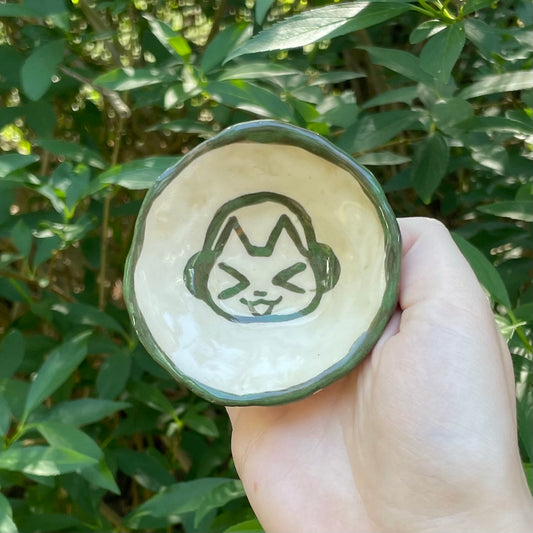 green & white headphone kitty cat handmade small ceramic stoneware dish!