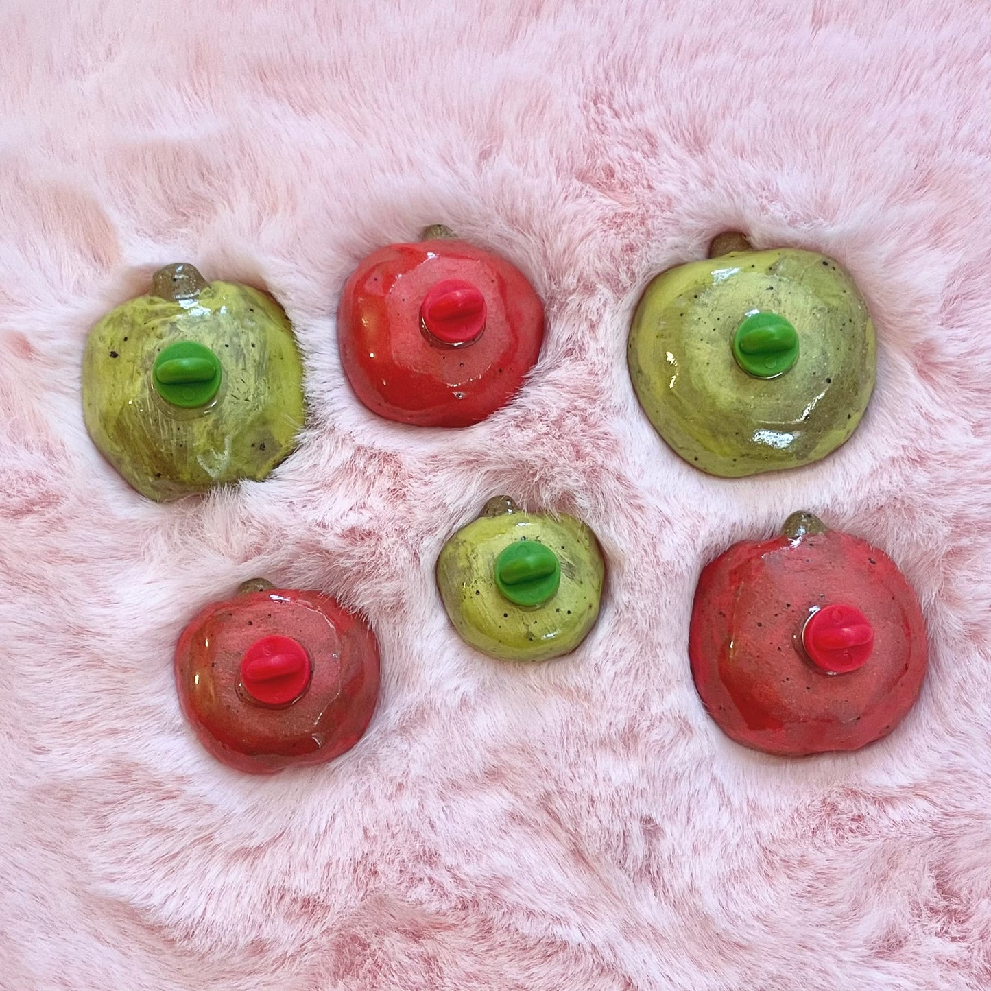red and green apple handmade ceramic stoneware pins!