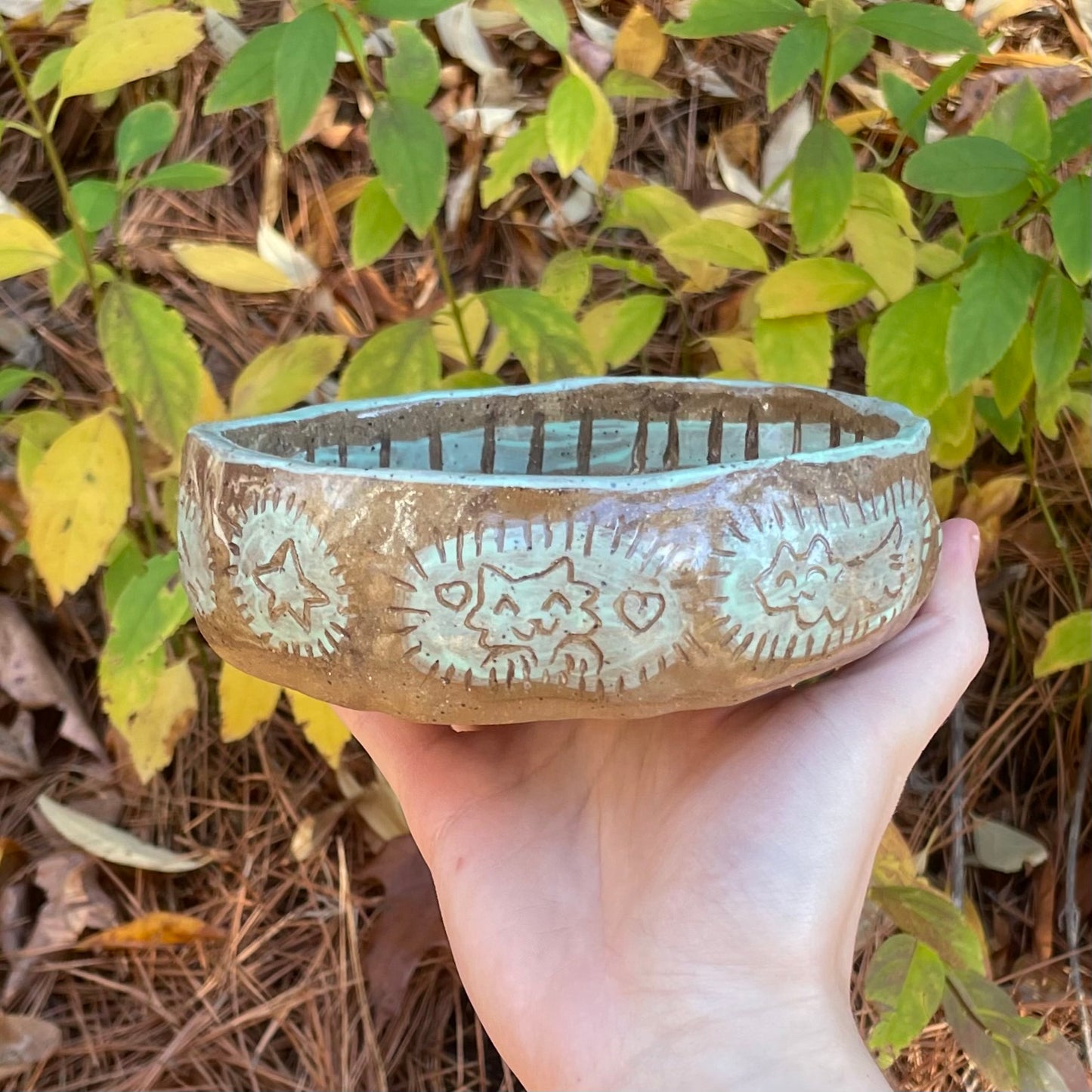 mint teal carved wolf handmade ceramic stoneware dish!