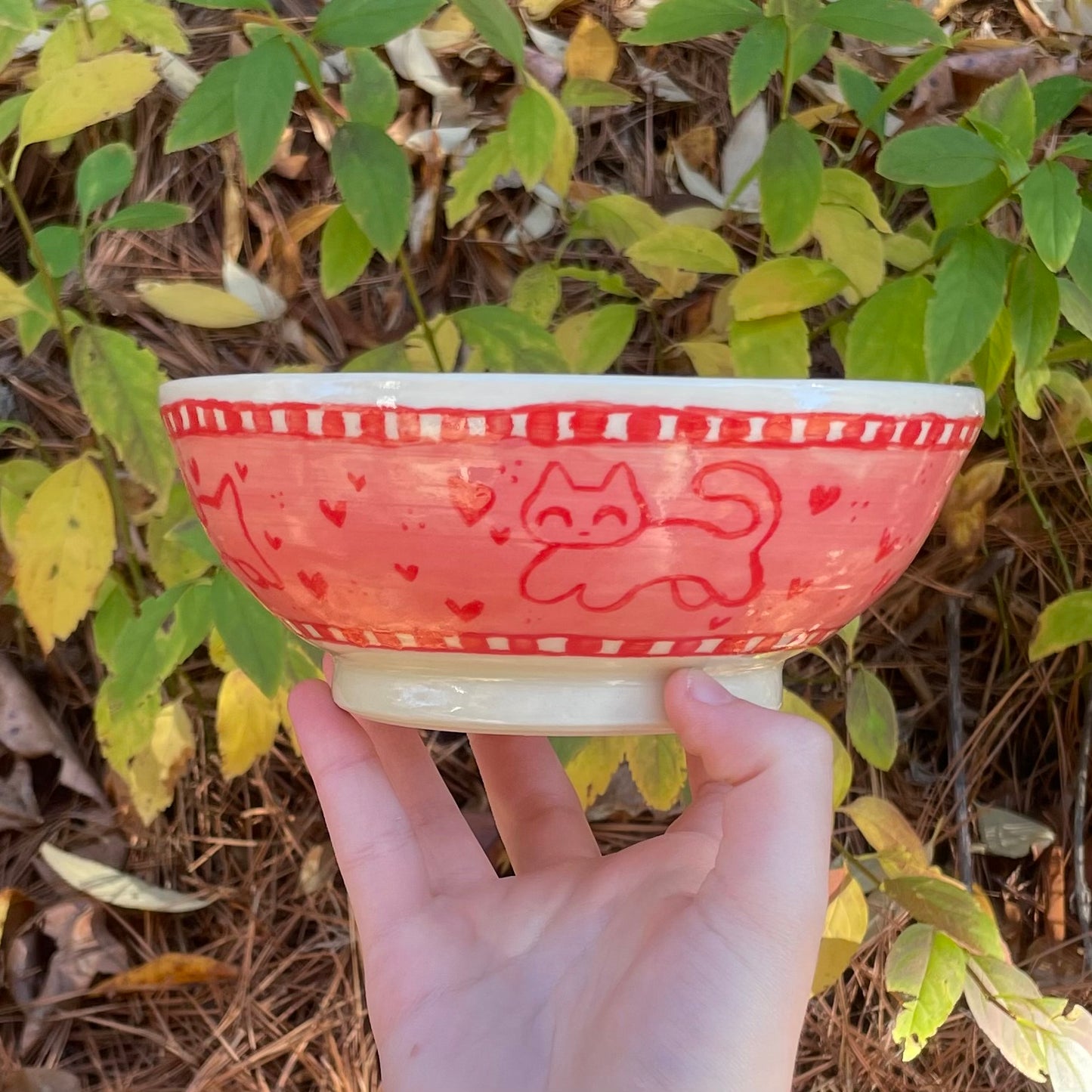 pink red puppy kitten wheel thrown ceramic stoneware bowl!