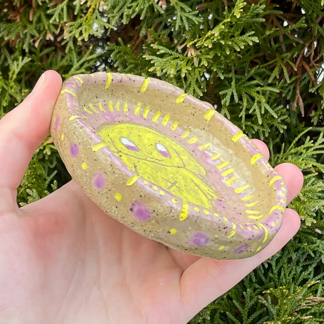 purple yellow puppy dog handmade ceramic stoneware bowl!
