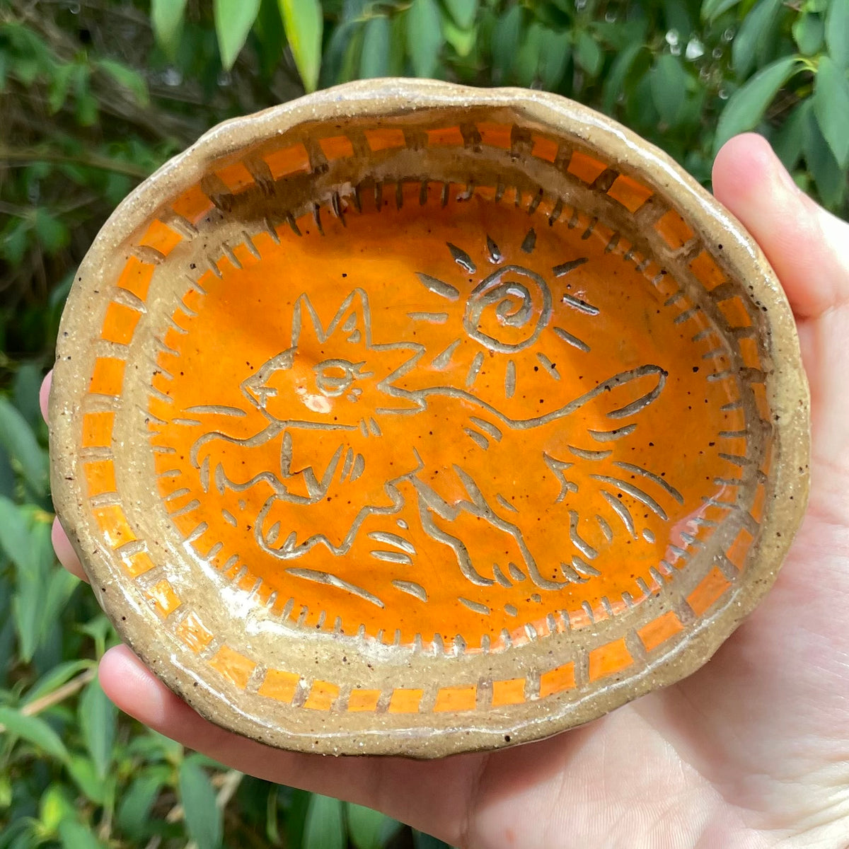 handmade carved orange wolf ceramic stoneware trinket dish!