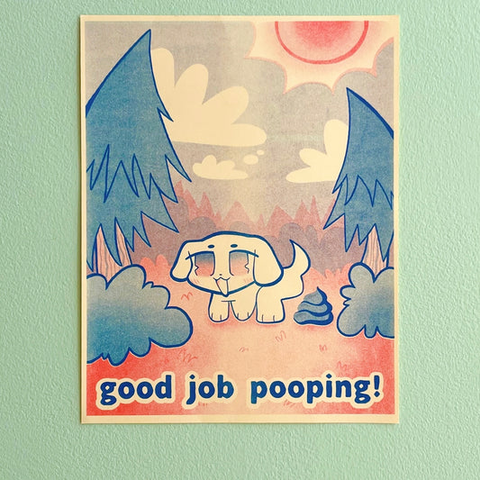 good job pooping funny kawaii puppy dog yellow red blue risograph print! (8.5" x 11")