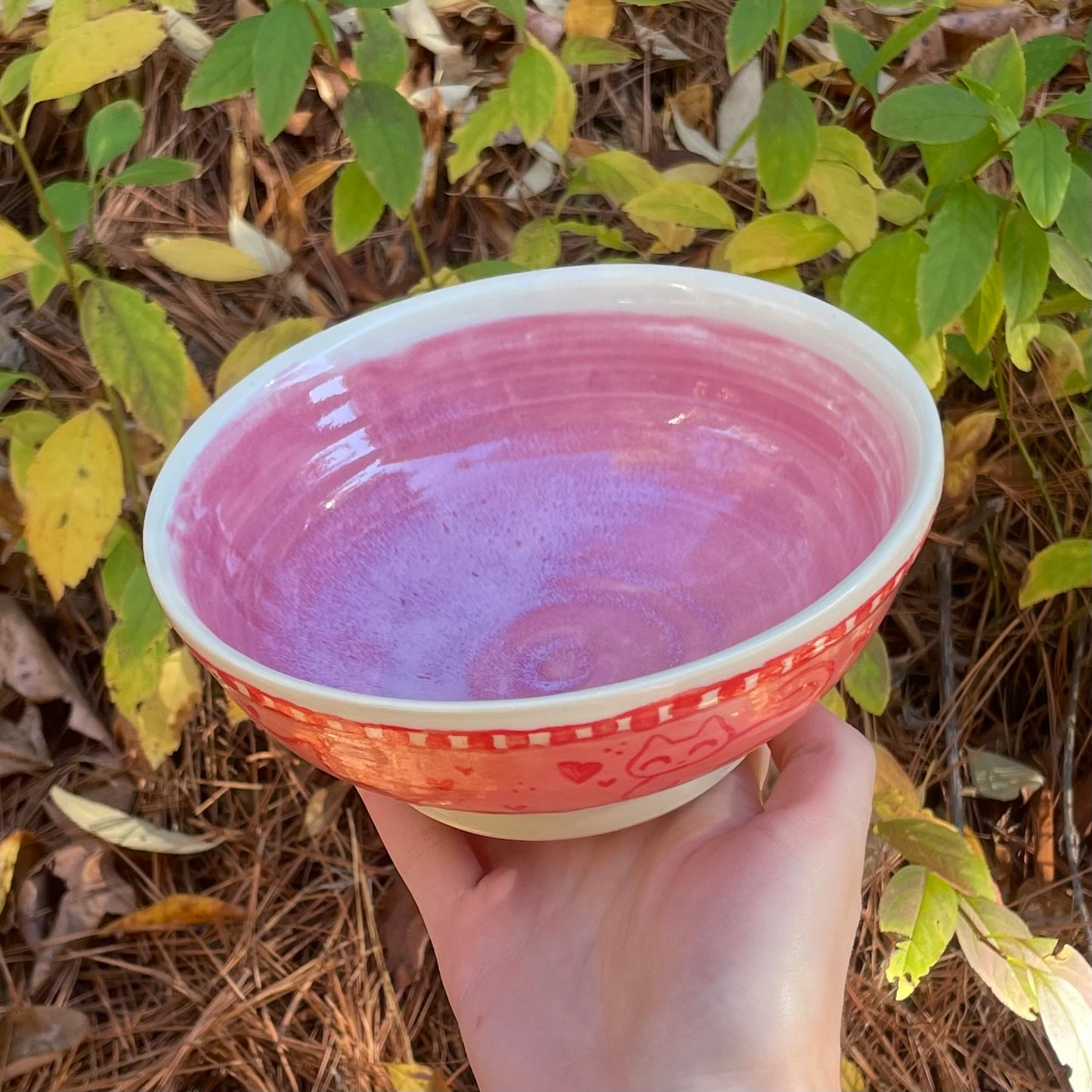 pink red puppy kitten wheel thrown ceramic stoneware bowl!