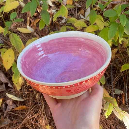 pink red puppy kitten wheel thrown ceramic stoneware bowl!