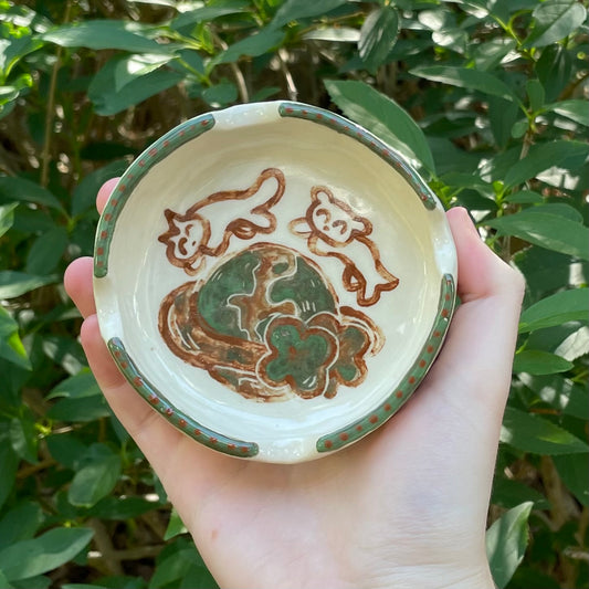 kitty puppy clover globe white brown green kawaii stoneware ceramic ashtray!
