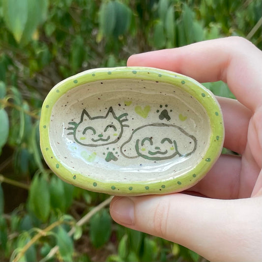 green puppy kitty handmade small ceramic stoneware oval trinket dish!