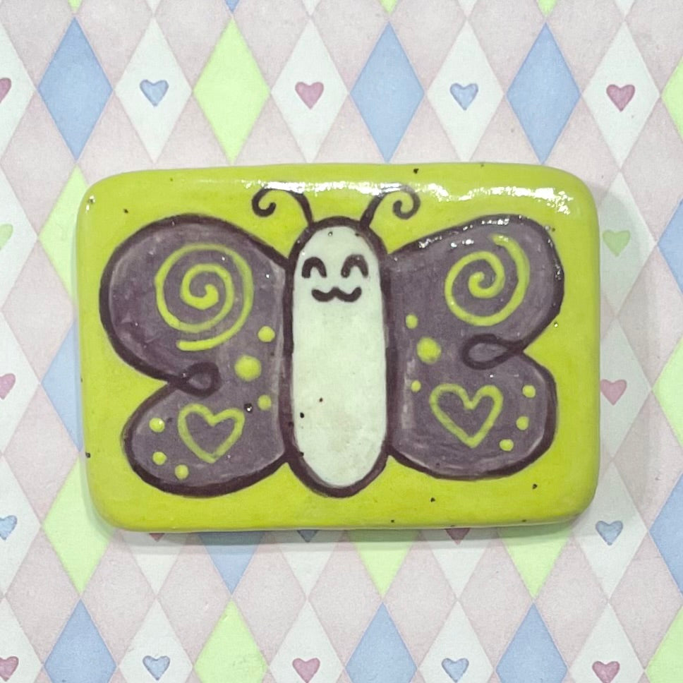 handpainted purple green butterfly kawaii ceramic stoneware magnet! (2.75"x1.75")
