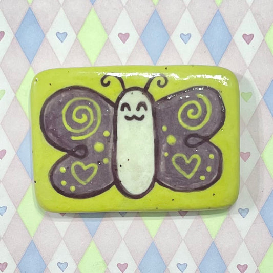 handpainted purple green butterfly kawaii ceramic stoneware magnet! (2.75"x1.75")