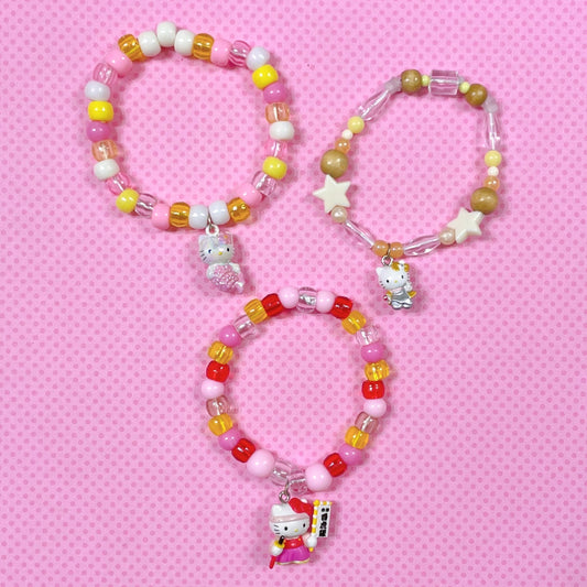 kawaii kitty 3 piece handmade kandi bracelet set!