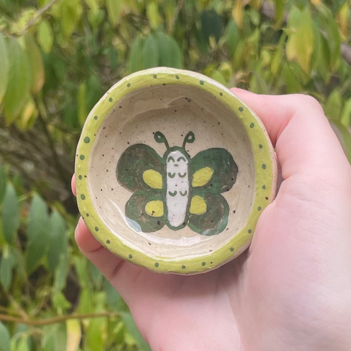 green butterfly handmade small ceramic stoneware trinket dish!