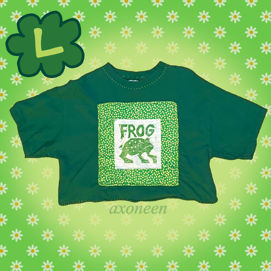 green frog block print sewn upcycled cropped t-shirt! (large)