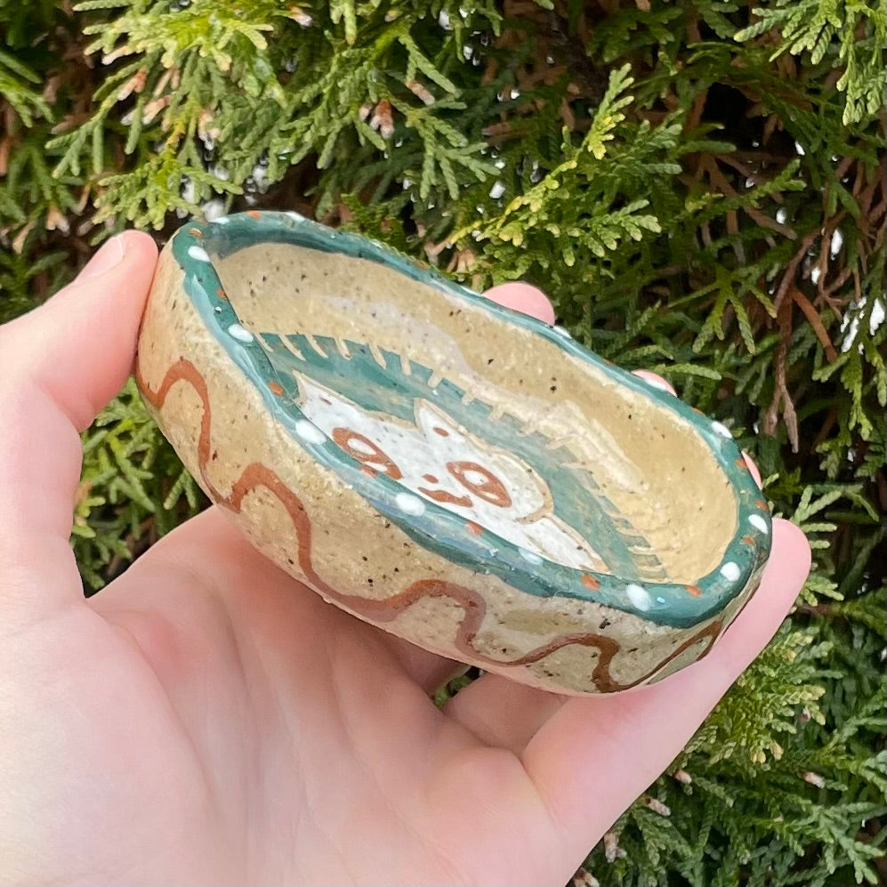 teal white kitty cat handmade ceramic stoneware bowl!