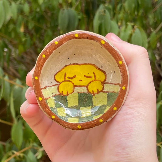 sleepy yellow puppy handmade small ceramic stoneware trinket dish!