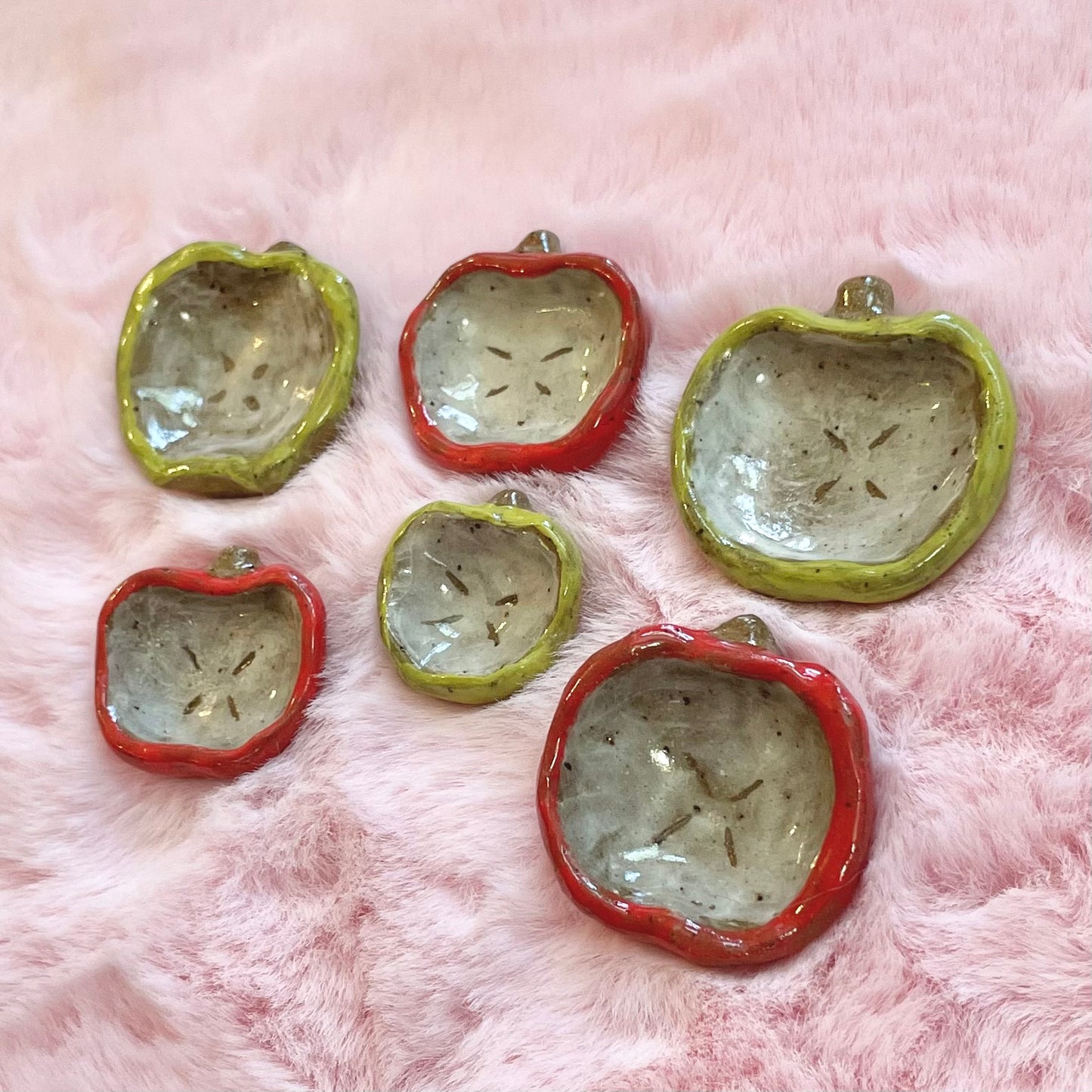 red and green apple handmade ceramic stoneware pins!