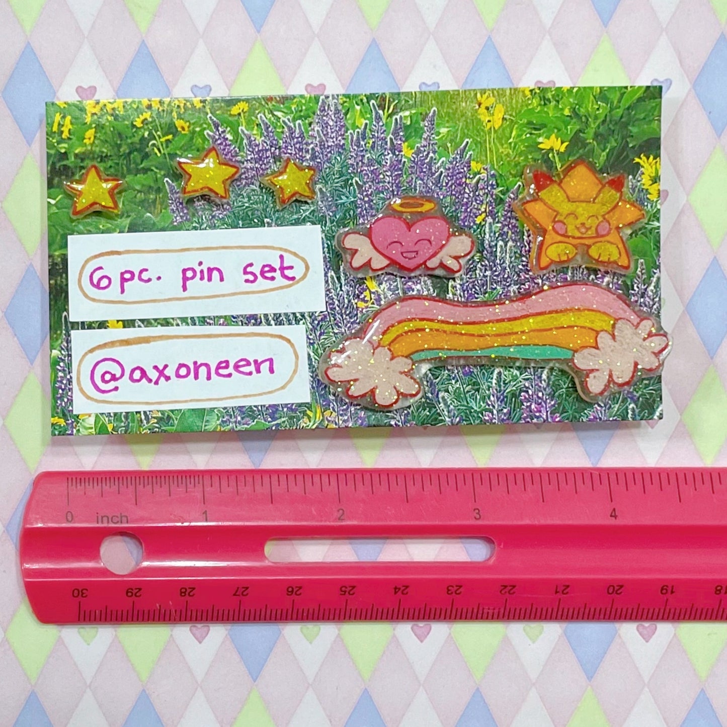 handmade rainbow heart star pastel glitter shrink plastic kawaii 6pc pin set!