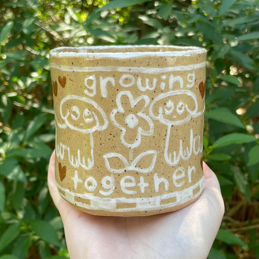 "growing together" puppy dogs tan & white ceramic stoneware flower pot!