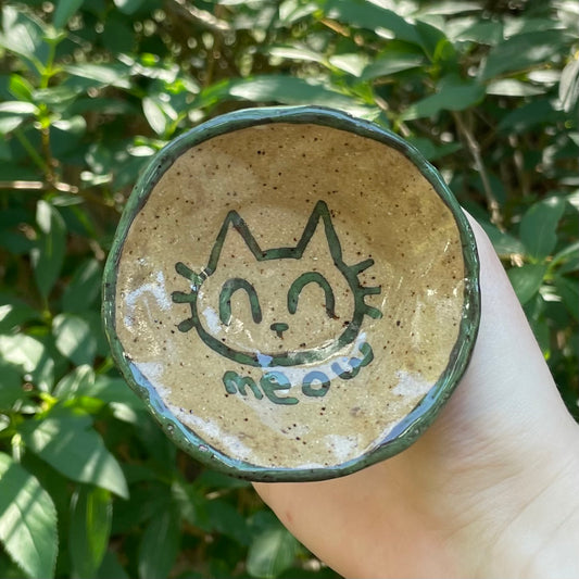 green & tan kitty cat meow handmade small ceramic stoneware dish!