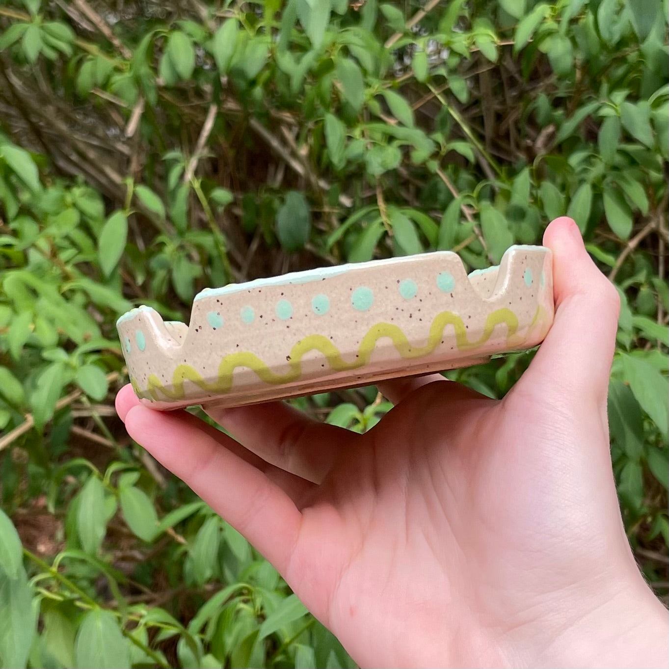 green wolf wheel thrown ceramic stoneware ashtray!